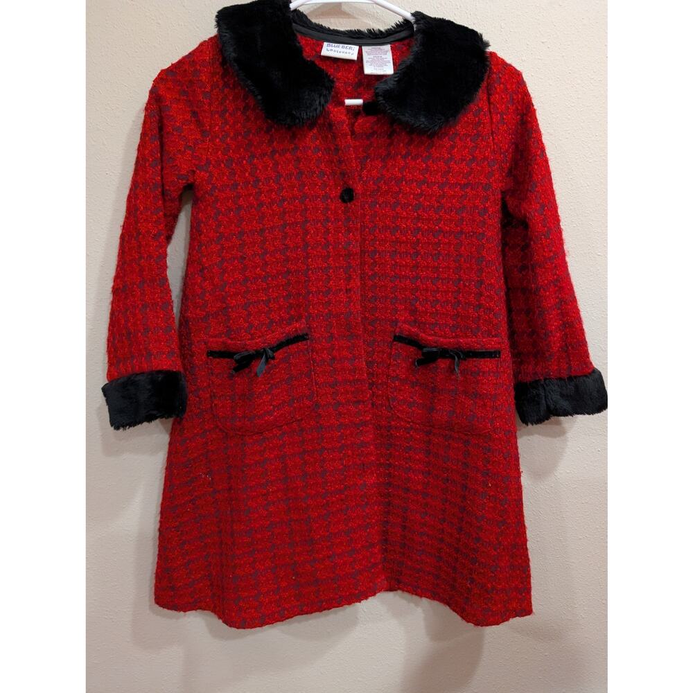 Girls fashion long sleeve outer dress jacket red tweed w/black velvet trim 6X